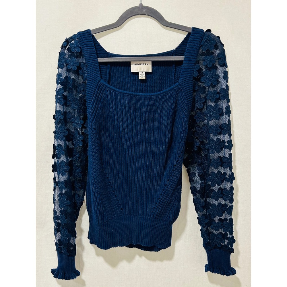 Industry Navy Blue Square Neck Ribbed Sweater 3D Floral Sheer Sleeve Small